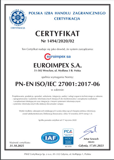 Certyfikat ISO 27001 Euroimpex