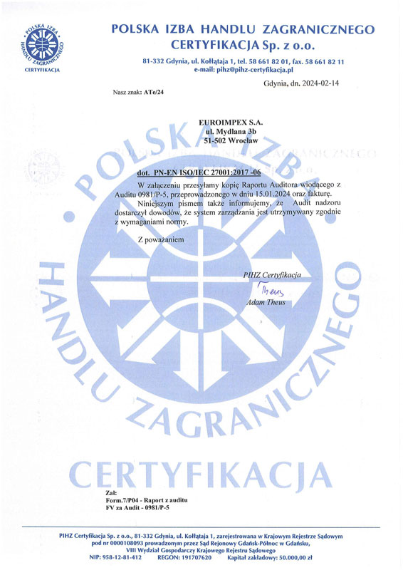 CERTYFIKAT ISO 27001 euroimpex